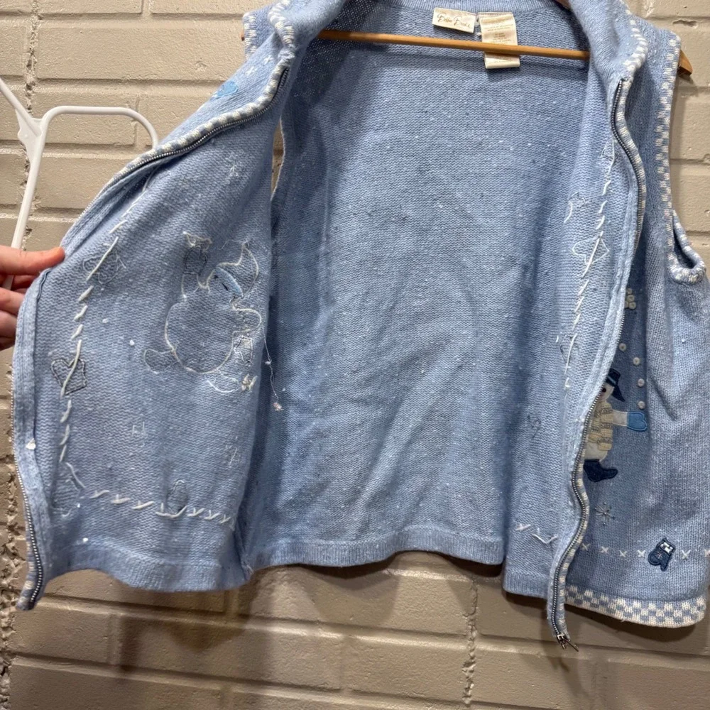 Vintage Bobbie Brooks Vest Angora Blend Blue Snowman‎ Knit Sweater Zip Front M/L